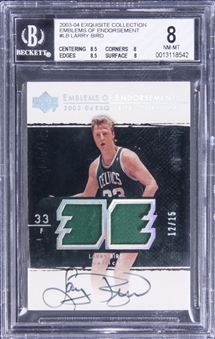 2003-04 UD "Exquisite Collection" Emblems of Endorsement #LB Larry Bird Signed Game Used Patch Card (#12/15) - BGS NM-MT 8/BGS 8